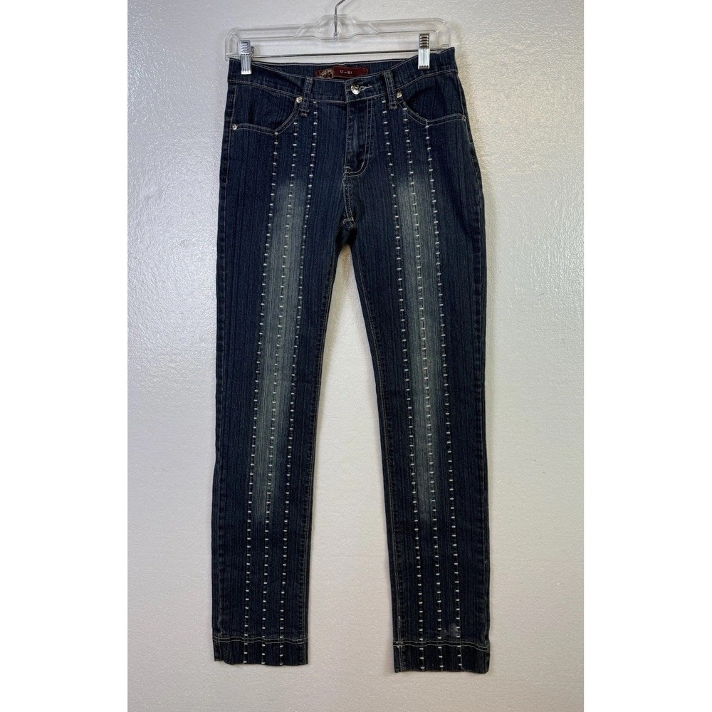 U-51 Jeans Stretch Dark Wash Misses 7/8 Straight Leg Embroidered Hipster Grunge